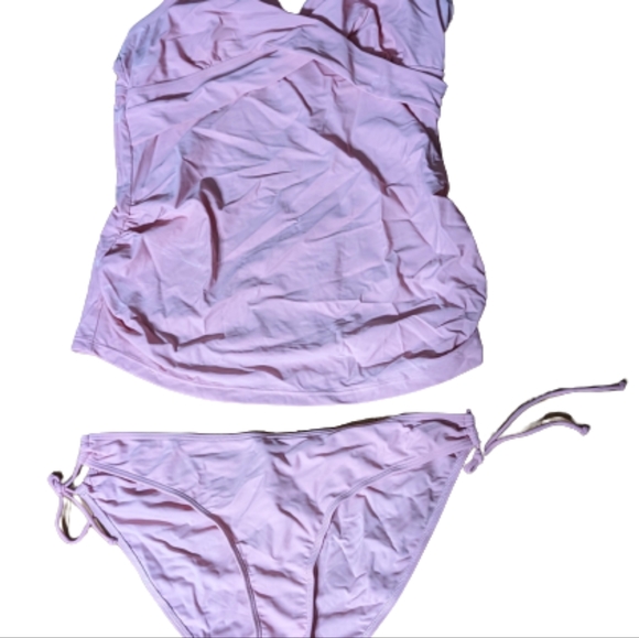 FLAW AS IS Womens Swim Set  L Pink Tankini Black Skirt 2 Piece  Spaghetti Strap - Picture 9 of 17